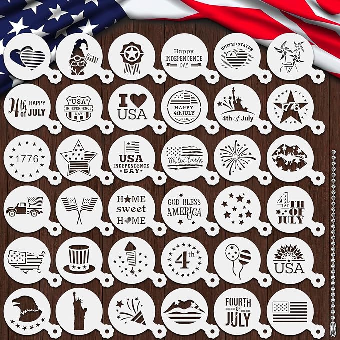 JULBEAR 4th of July Cookie Cake Stencils 36 Pieces Reusable Patriotic Mold | Cookie Stencils, Independence Day Patriotic Party Decoration, Baking Dessert Coffee Painting, 36 Pieces Templates Mold Tools