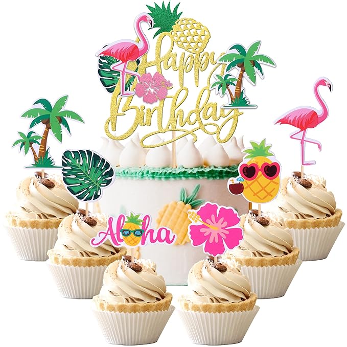 25 PCS Tropical Luau Cupcake Toppers with Happy Birthday Flamingo Cake Topper Palm Tree Flamingo Pineapple Aloha Cupcake Picks Decorations for Hawaiian Luau Theme Birthday Party Supplies