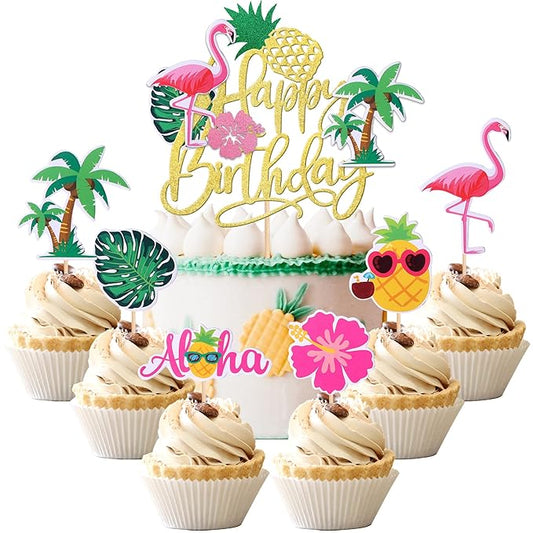 25 PCS Tropical Luau Cupcake Toppers with Happy Birthday Flamingo Cake Topper Palm Tree Flamingo Pineapple Aloha Cupcake Picks Decorations for Hawaiian Luau Theme Birthday Party Supplies