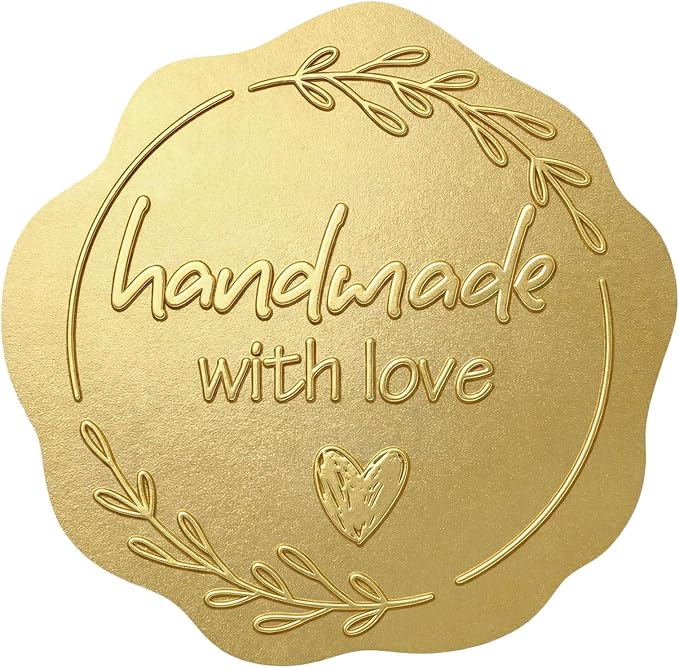 100 x Handmade with Love Stickers, Made with Love Stickers for Small Business Packaging, Embossed Matte Gold Bakery Stickers for Baked with Love Gifts, Wedding Favor Bags & Thank You Envelopes, 1.77''