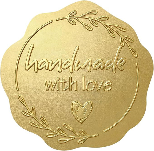 100 x Handmade with Love Stickers, Made with Love Stickers for Small Business Packaging, Embossed Matte Gold Bakery Stickers for Baked with Love Gifts, Wedding Favor Bags & Thank You Envelopes, 1.77''