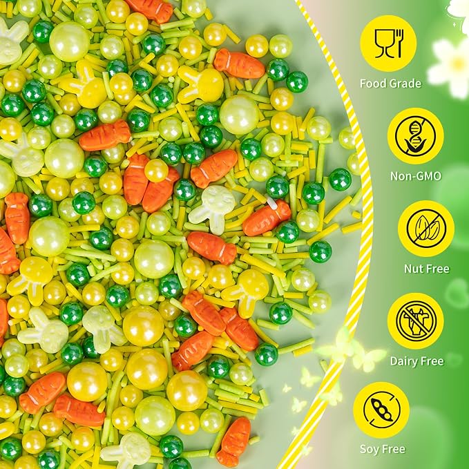 Edible Yellow Green Sprinkles for Cake Decorating,130g,Rabbit Sprinkle,Orange Carrot Pearls and Jimmies,Bunny Candy Baking Decorations,Cupcake Toppers,Cookie Donuts Ice Cream Dessert,Birthday Children's Anime Farm Garden Summer Party Supplies