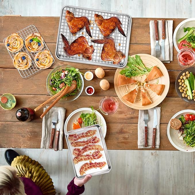 P&P CHEF 12.5 + 9 Inch Toaster Oven Pan with Rack Set, Stainless Steel Baking Pan Tray and Grid Cooling Rack for Cooking/Roasting, Dishwasher Safe & Easy to Clean, Non-toxic & Sturdy, (4Pcs)