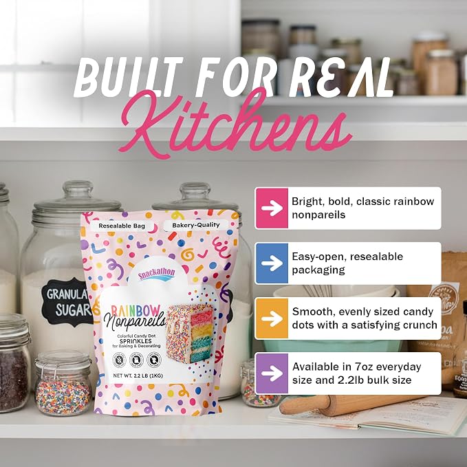 Snackathon Sprinkles for Baking & Decorating, Rainbow Nonpareils, 2.2 LB Bulk Resealable Bag – Colorful Candy Dot Toppings for Cupcakes, Birthday Cakes, Cookies, Ice Cream & Desserts