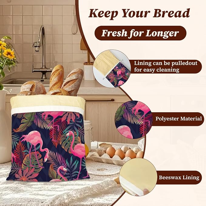 Beeswax Bread Bags, 2 Pack for Homemade Bread and Sourdough Storage | Pink Flamingo Tropical, Reusable Polyester Bread Storage With Beeswax Coating And Snap Closures