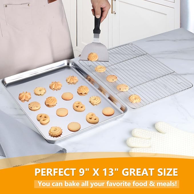 Homikit Quarter Sheet with Rack (1 Pan + 1 Rack), 9x13 Stainless Steel Baking Pan with Wire Cooling Rack for Toaster Oven Roasting, Metal Bacon Cookie Trays Nonstick & Rust Free, Dishwasher Safe