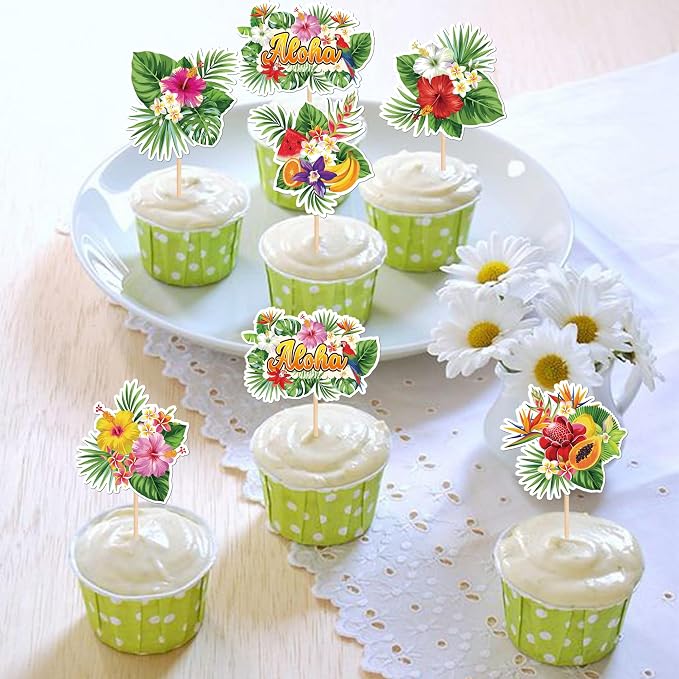 30 PCS Tropical Cupcake Toppers Summer Hawaiian Plants Flowers Fruits Cupcake Picks Luau Palm Leaves Cupcake Decorations for Tropical Aloha Theme Baby Shower Birthday Party Cake Decorations Supplies
