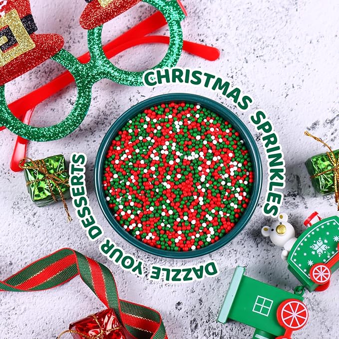 Christmas Nonpareils Sprinkles, 3.52oz Christmas Sprinkles for Cake Decorating Cupcake Toppers Baking Cookie Ice Cream Dount Chocolate, Edible Round Sugar Candy Food Grade