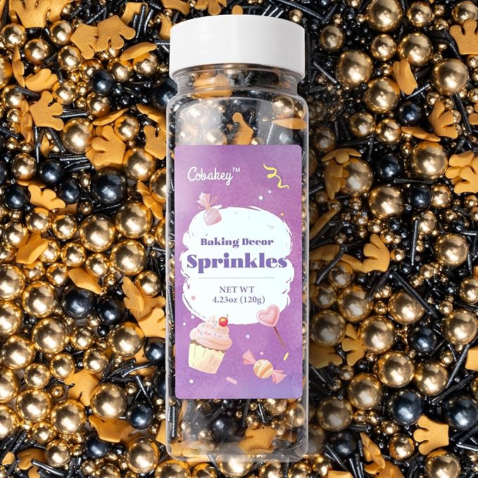 Royal Crown Black and Gold Sprinkles for Cake Decorating 4.23ounce - Sugar Mix Contains Jimmies & Pearl Sprinkles for Cupcake Toppers, Ice Cream, Candy, Cookie Decorations - Holiday Party Supplies