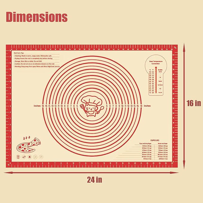 28" x 20" Silicone Baking Mat with Measurements, Extra Large, Durable Nonstick Dough Matt for for Baking, Pizza Making, Cookies & Pastry Rolling (Red)