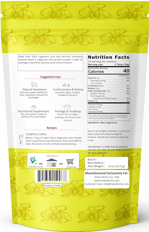 Indus Farms Freeze-Dried Sugarcane Juice Powder, Single Ingredient Made from Real Sugarcane Juice, No Additives or Preservatives, For Smoothies, Baking, Desserts & Beverages, 8 oz