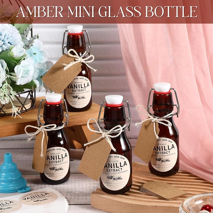 Vesici 8 Sets Swing Top Glass Bottles Set Amber Homemade Vanilla Extract Bottles Vanilla Extract Jars for Christmas DIY Crafts (8 Oz)