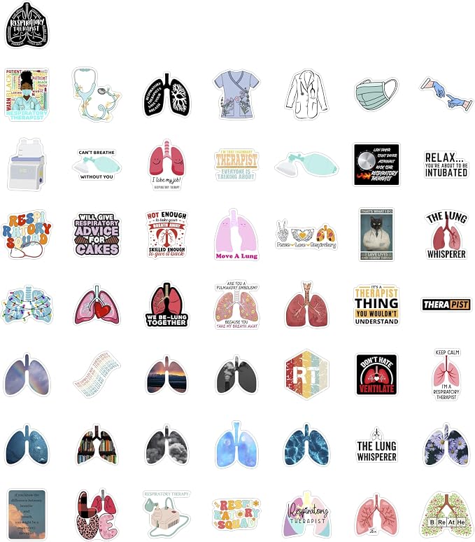 BulbaCraft 100Pcs Respiratory Therapist Stickers, RT Sticker for Water Bottle and Laptop - Respiratory Therapy Party Supplies & Decorations, Lung Waterproof Vinyl Medical Decals, Gifts for Women & Men