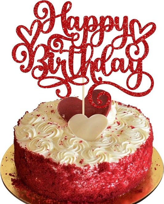 Gyufise Happy Birthday Cake Topper Glitter Cake Pick for Celebrating Anniversary Party Cake Decorations Supplies - Red (1Pcs)