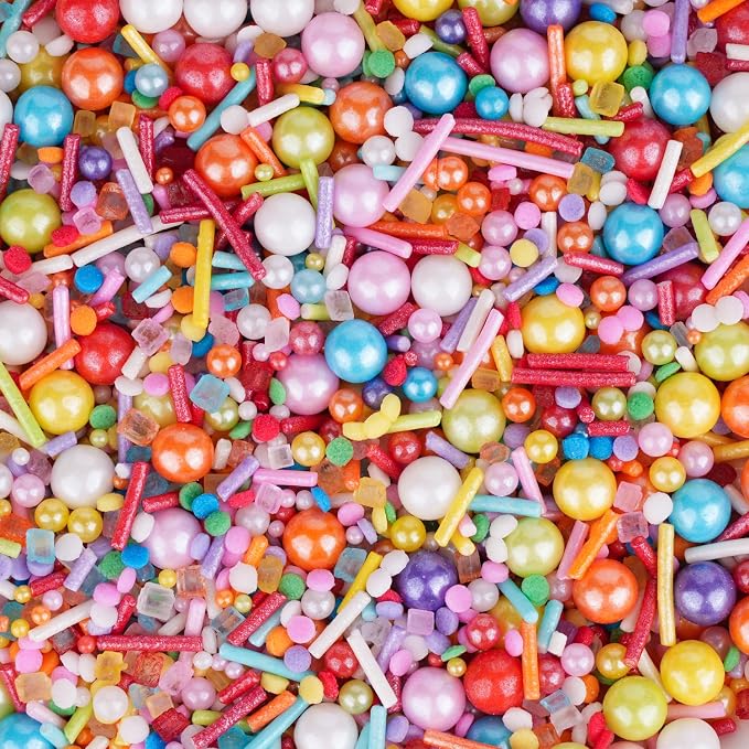 Rainbow Sprinkles for Cake Decorating 4.6oz Pastel Jimmies and Pearls Sprinkles Mix for Donut Cookie Baking Brownies Cupcake Ice Cream Toppings