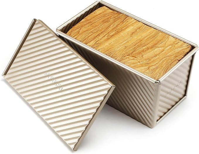 Monfish Pullman loaf Pan – loaf pan w lid - Wavy Non-Stick Toast Mold - Loaf Bread Baking Pan champagne gold (8.5x4.75x4.5)