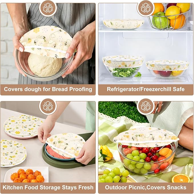 Reusable Beeswax Bowl Covers 3 Pack, 10 Inch (2 Medium)+ 12 Inch Elastic Sourdough Bowl Cover for Bread Proofing, Shower Caps for Bread Proofing Basket, Mixer Bowls