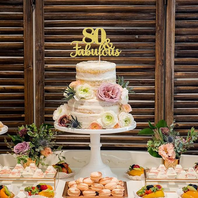 1 PCS 80 & Fabulous Cake Topper Gold Glitter 80th Birthday Anniversary Cake Pick Decoration for 80th Birthday Wedding Anniversary Party Decorations Happy 80th Birthday Cake Decorations Supplies