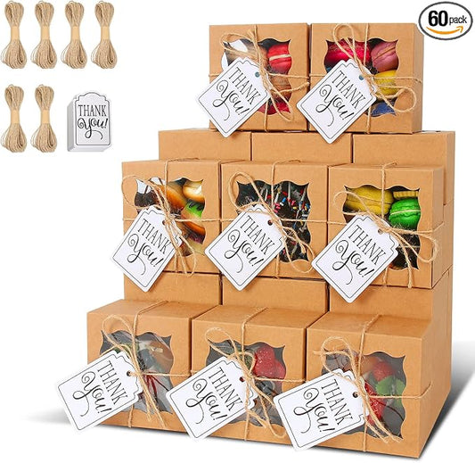 KPOSIYA 60 Pcs Brown Bakery Boxes with Window Individual Cupcake Boxes 4x4x2.5 Inches Cookie Boxes Kraft Paper Brown Gift Box for Pastries, Cookies, Pie, Donuts, Macaroon