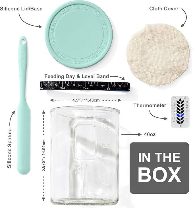 Premium Sourdough Starter Jar - 40oz Large Sourdough Jar with Marked Feeding Band, Scraper, Cloth Cover and Silicone Lid/Base, Wide Mouth Starter Kit - Mint