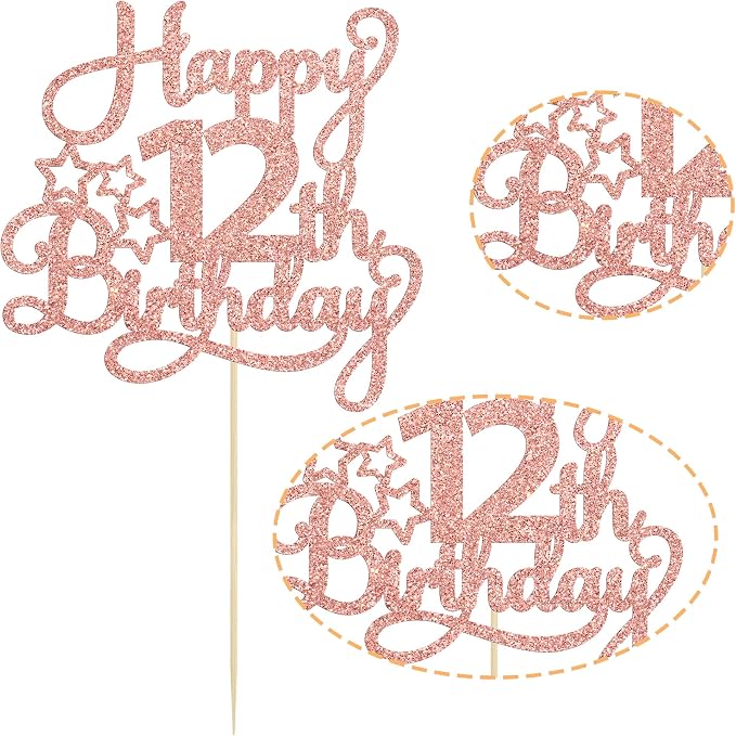 1 Pack Happy 12th Birthday Cake Topper Glitter Heart Star 12 Fabulous Cake Pick Birthday Sign Cake Decorations for Children 12th Birthday Theme Party Supplies Rose Gold