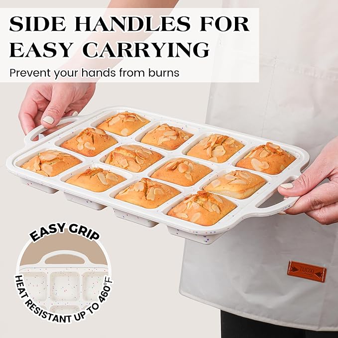 1 Pc Brownie Pan with Dividers Silicone Nonstick Mini Individual 12 Cup Square Muffin Cupcake Pans with Metal Frame(Cream)