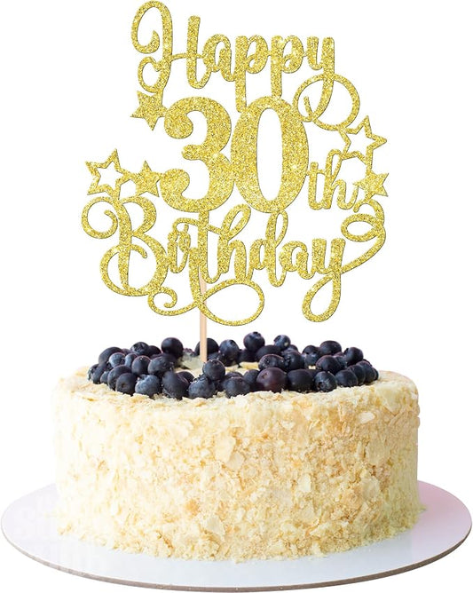 1 PCS Happy 30th Birthday Cake Topper Glitter Cheers to 30 Years Birthday Cake Pick Hello 30 Fabulous Cake Decoration for Happy 30th Birthday Anniversary Party Decorations Supplies Gold