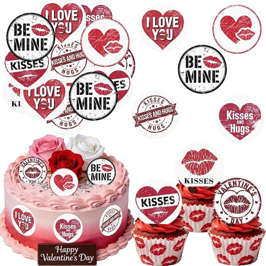 36PCS Edible Be Mine Cupcake Toppers Wafer Paper Kisses and Hugs Cupcake Picks Heart Lips Print Cake Decor for Valentine's Day Theme Wedding Engagement Party Supplies