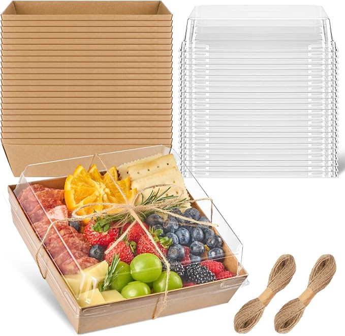 ZORRITA Large Charcuterie Boxes with Clear Lids, 7x7 Inch, 20 Pack, Brown | Disposable, Square, Kraft Paper, To Go Food Containers, Bakery Boxes, For Charcuterie Desserts Strawberries Cookies