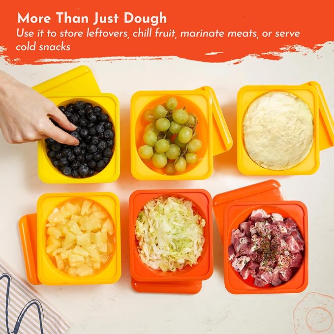 Yellow 2 Pack 500ml Pizza Dough Proofing Containers With Lids - Silicone Pizza Dough Proofing Box With Built-In Dough Cutter and Measurement Marks, Stackable, Dishwasher, Fridge & Freezer Safe