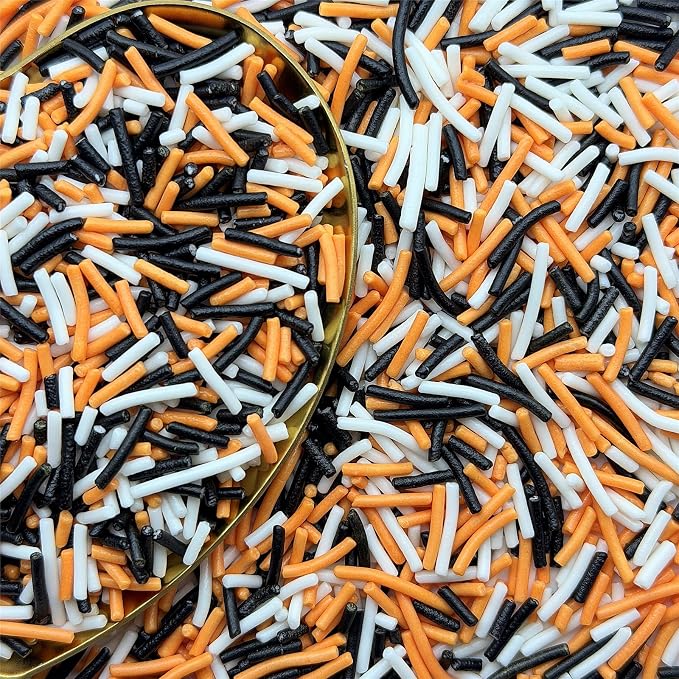 CandiJumpin Black White and Orange Jimmy Sprinkles, Halloween Sprinkles for Cake Decorating Edible Cake Jimmies Edible Crunchy Jimmies Ice Cream Toppings, Baby Shower Party Halloween Christmas Supplies 3 OZ