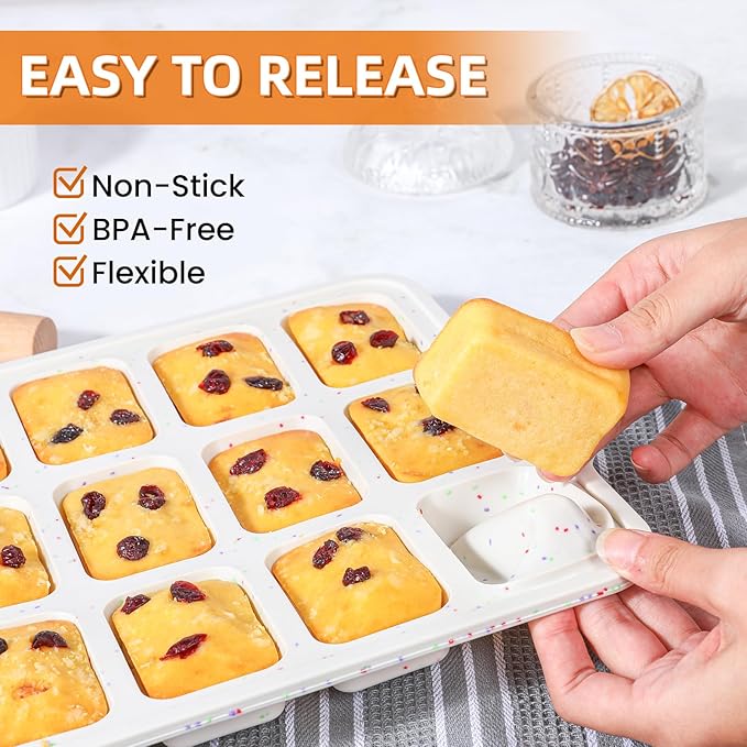 FUNBAKY Silicone Mini Loaf Pans with Metal Reinforced Frame,12-Cavity Nonstick Mini bread loaf pans for Baking Cornbread,Bread,Brownie,Cheesecake -1Pc