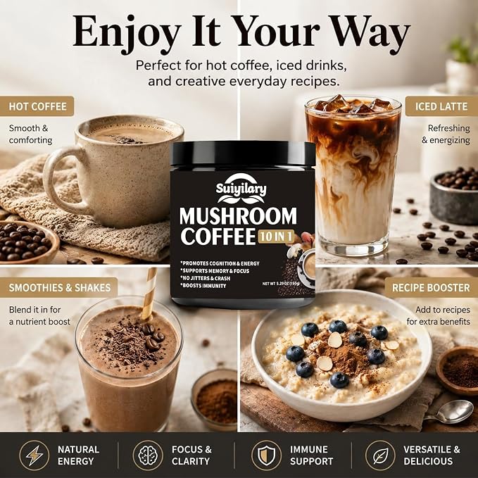 Suiyilary Mushroom Coffee, 10 Mushroom Extract Powder Blend Lion's Mane, Reishi, Chaga, Cordyceps, Turkey Tail, Brain Supplements with Instant Coffee for Energy, Focus, Memory and Immunity 150g