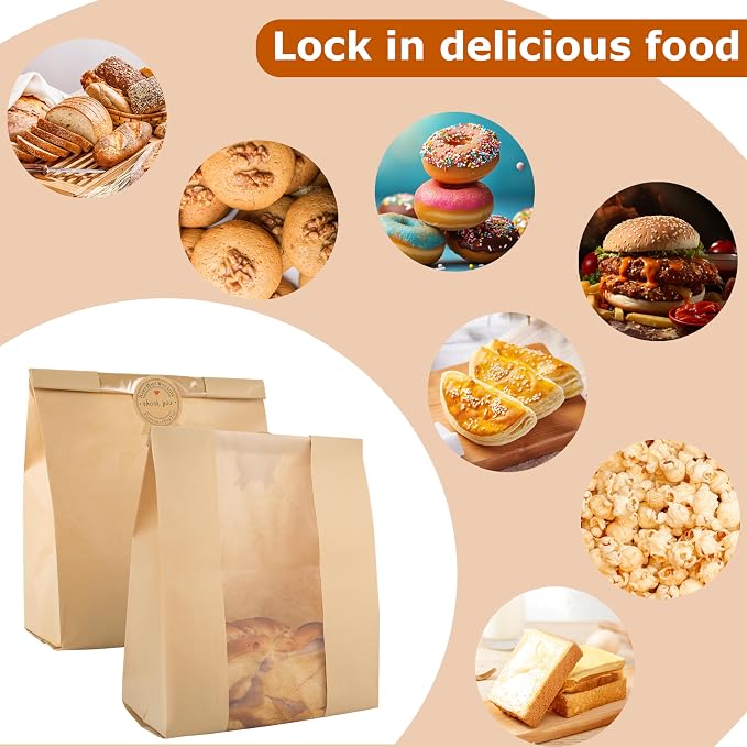50 Pcs Bread Bags for Homemade Bread With Window Sourdough Paper bread Bags.(13.7x8.2x3.7 in),Packaging & Storage of Baked Goods Suitable for Bakers.Package includes 60 Cute Sealing Stickers.