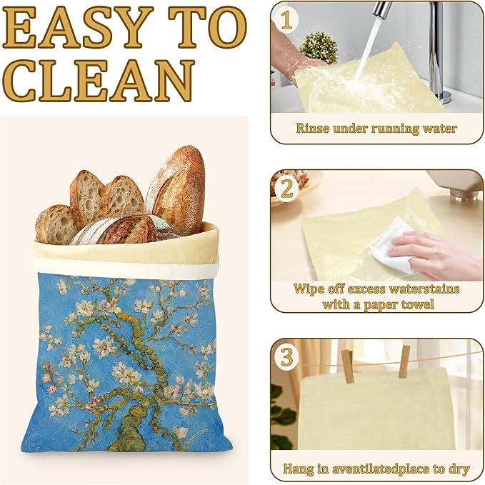 Blossoming Almond Tree Bread Bags for Homemade Bread, 2 Pack Linen and Beeswax Sourdough Storage Bags, Reusable Keeper, Keeps Breads Fresh Longer, Gifts for Bakers