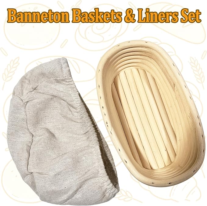 2 Pack 6.5 Inch Oval Bread Proofing Basket,Banneton Basket Bread Baking Bowl with Linen Liner Cloth, for Professional & Home Bakers Baking