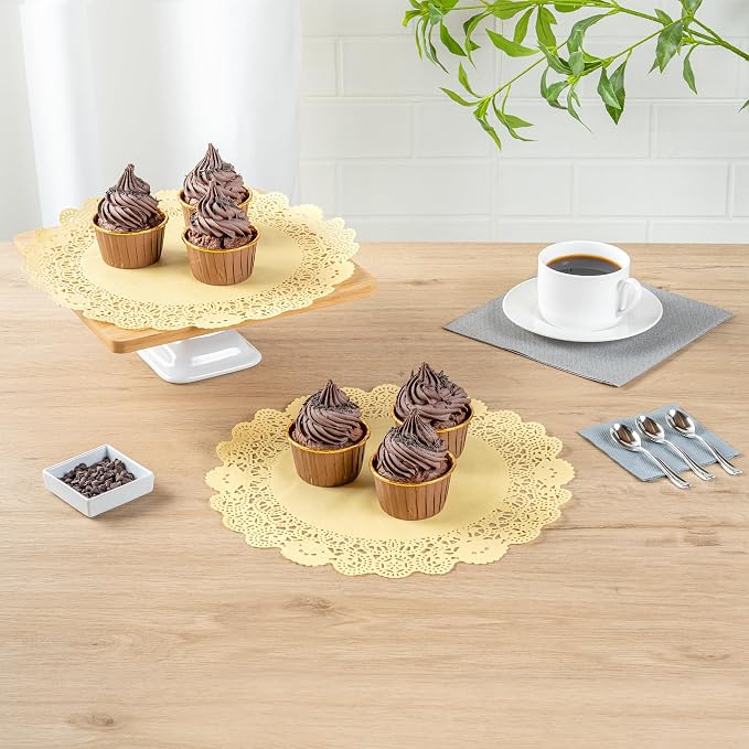 Restaurantware-Pastry Tek 12 x 12 Inch Paper Lace Doilies, 4000 Disposable Table Doilies - Elegant Lace Finish, Long Lasting, Yellow Paper Placemat, for Pastries, Cupcakes, Desserts