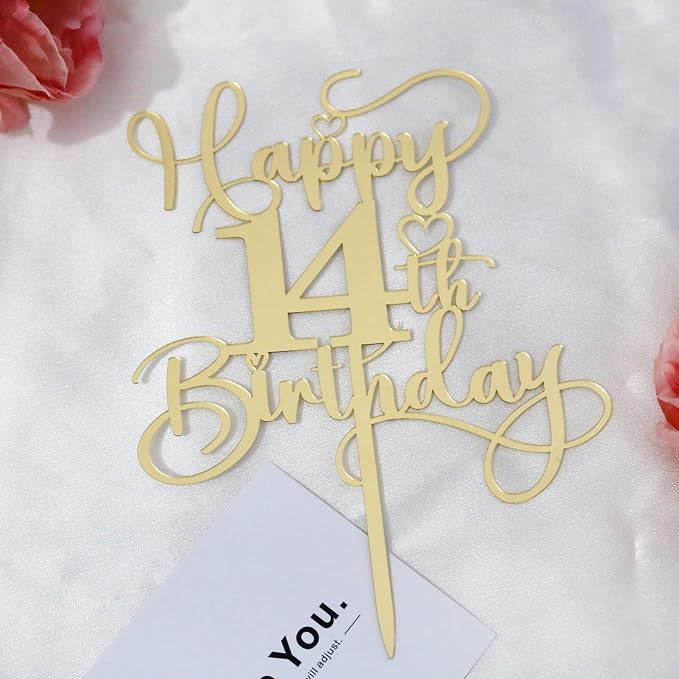 Happy 14th Birthday Cake Topper，Mirrored Gold Acrylic Birthday | for Cheers to 14 Years Birthday/Anniversary Party Decoration Ideas, Perfect Keepsake for your family and friends(14th)