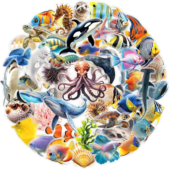 50 Pcs PET Transparent Underwater World Stickers, Waterproof Vinyl Marine Life Decals for Laptop Skateboard Luggage, Colorful Ocean Creature Stickers Gift for Kids Teens Adults(The Underwater World)