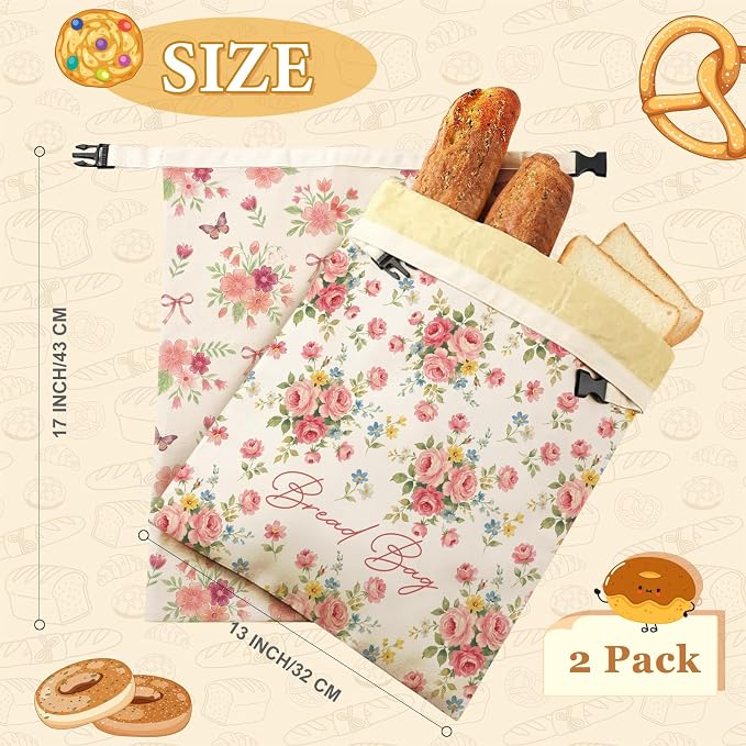 2 Pack Beeswax Bread Bags for Sourdough, 17x13 Inch Reusable Linen Beeswax Bread Bag with Buckle to Keeps Homemade Bread Freshness for Food Storage(Pink Floral)