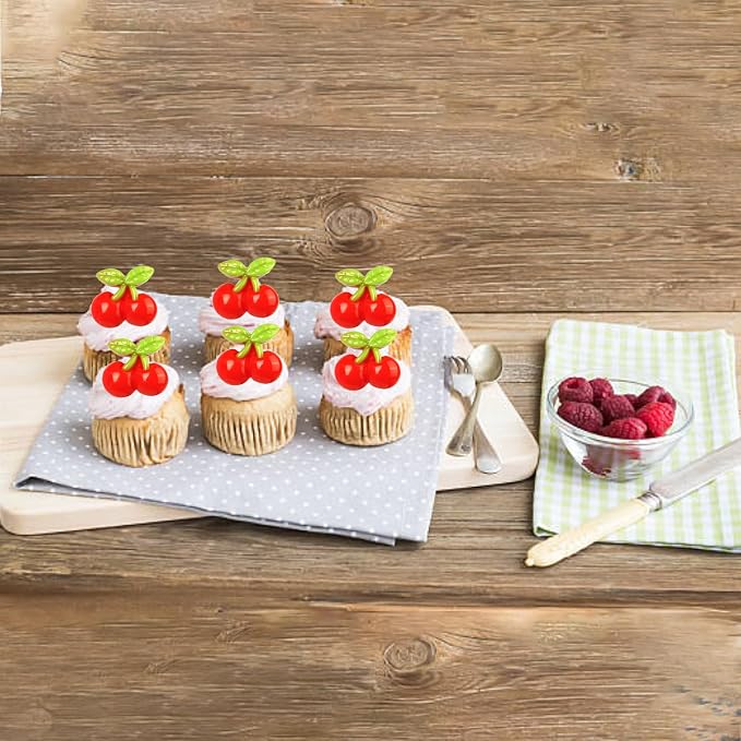 30 PCS Cherry Cupcake Toppers Red Sweet Cherry Cupcake Picks Fruit Theme Cupcake Decorations for Cherry Theme Baby Shower Kids Birthday Party Cake Decorations Supplies