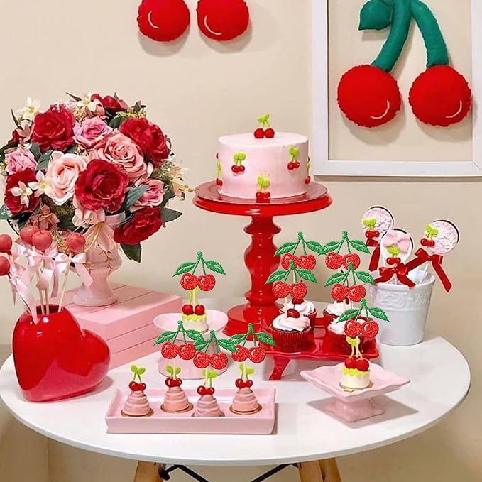 24 PCS Cherry Cupcake Toppers Red Glitter Fruit Theme Sweet Cherry Cupcake Picks for Cherry Theme Baby Shower Kids Birthday Party Cake Decorations Supplies