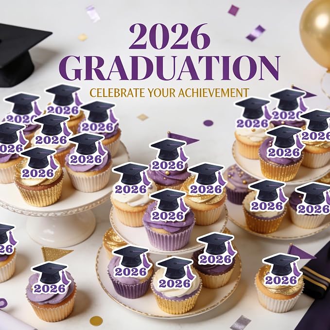 42pcs Edible Graduation Cap Cupcake Toppers Wafer Paper Purple Class of 2026 Cake Decorations Edible Grad Cap Cupcake Picks for 2026 Graduation Theme Party Cake Decor Supplies
