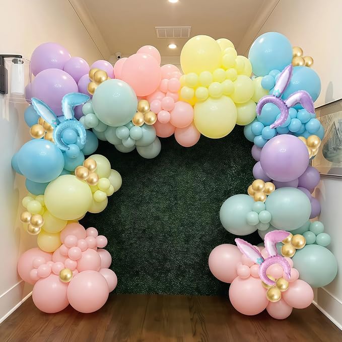 155pcs Pastel Balloon Arch Kit, Macaron Pink Blue Green Purple Yellow Rainbow Colorful Confetti Balloon Garland for Daisy Baby Shower Birthday Wedding Easter Spring Garden Tea Party Decorations