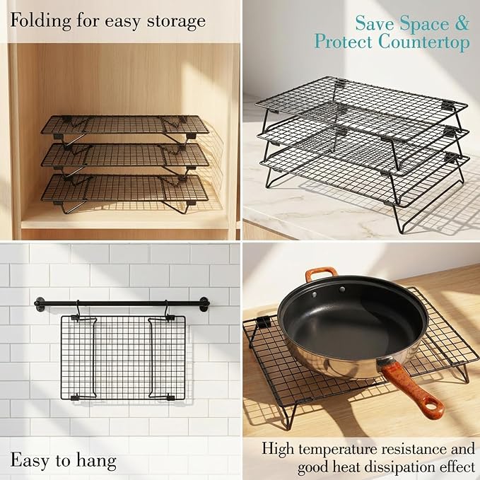 Kifmurase 3-Tier Stackable Baking Racks Cooling, 13.39 x 9.37 Inch Carbon Steel Wire Rack with Folding Legs for Cookie Cake Pizza, Multi-Use Oven Rack for Cooking Roasting Drying