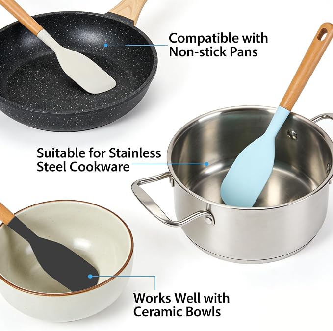 2PCS Heat Resistant Silicone Spatula Set, Silicone Spatula Wooden Handle, Rubber Spatula for Baking, Losing Weight Meal & Salad, Versatile Kitchen Tool, Mixing, Frosting, Heat Resistant 600°F
