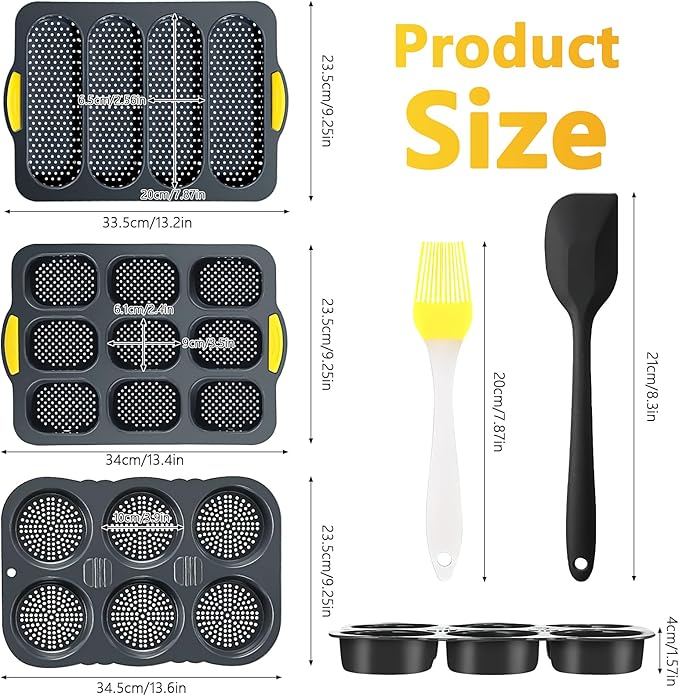 Silicone Hamburger Bun Pan and Baguette Pan Set,3 Pcs Nonstick 4/6/9 Cup Bun Molds with Spatula and Pastry Brush, French Bread Baking Trays for Homemade Hamburger Buns, Hot Dog Buns Loaf Sandwich