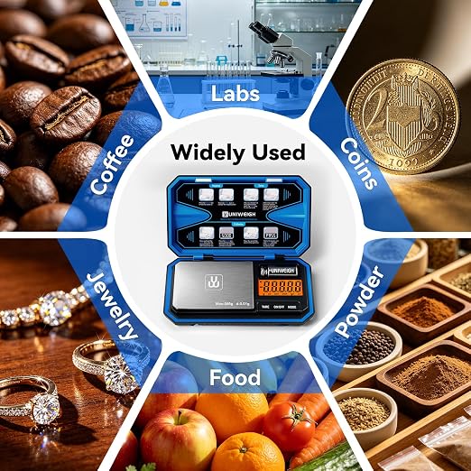 UNIWEIGH Digital Pocket Gram Scale 500g x 0.01g Precision Jewelry Scale | Mini Coin Scales 6 Units/LCD,Weighs Small Food,Gold,Powder,Micro,Ounces,Grains,Reloading,Tare Function,Blue(Battery Included)