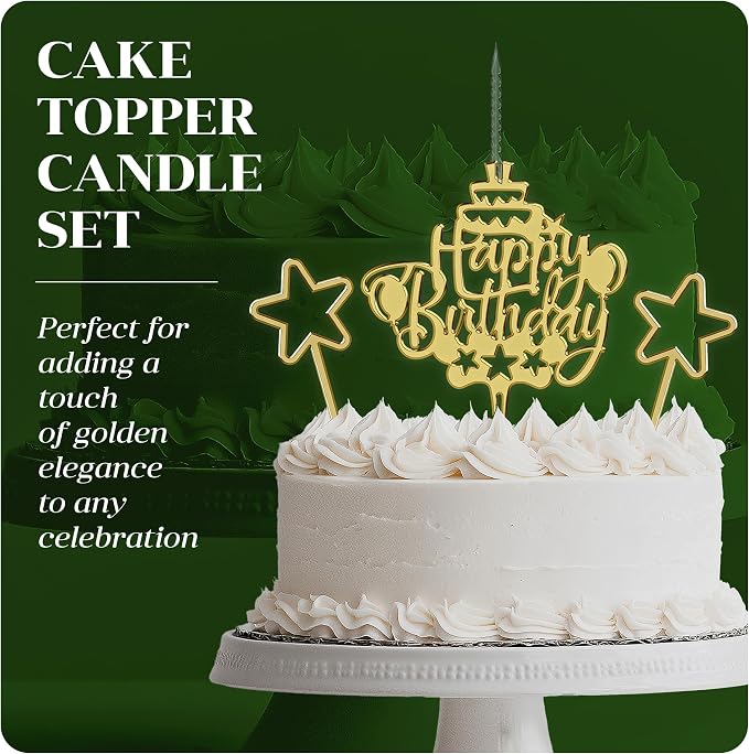 Happy Birthday Acrylic Cake Topper Candle, Gold, with 2 Star Decorations