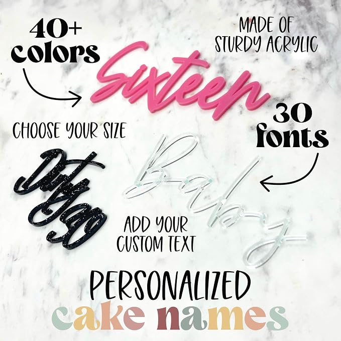 Custom Cake Name Plate | Custom Cake Topper Name for Birthday Party Shower Wedding | 40+ Color, Font, and Size Options | Wedding Place Card Birthday Decoration Made of Acrylic